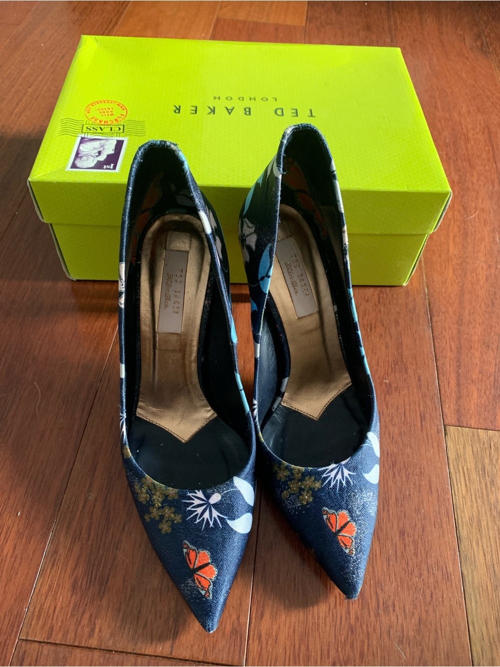 Ted Baker Navy Floral Pointed-Toe Heels with Orange Accents